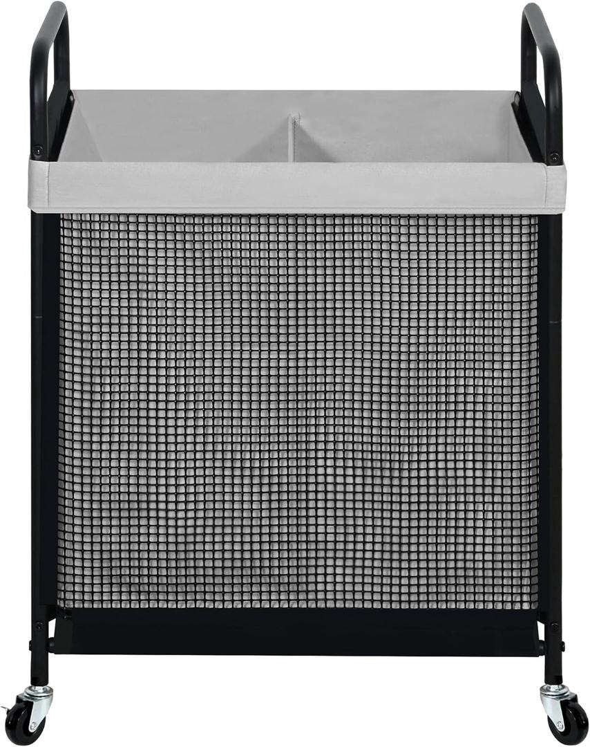 STO STO Laundry Hamper 2 Section, 100L Rolling Laundry Sorter Cart with Removable and Washable Liner Bag, Clothes Hamper with Wheels and Metal Handle for Laundry Room and Bedroom, Gray