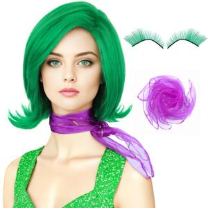 morvally Women Green Costume Wig with Scarf and False Eyelashes Short Green Cosplay Wigs for Adults Halloween Costume Anime Cosplay (Adults)