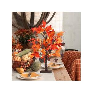 YEAHOME Fall Decorations for Home, Thanksgiving Decorations, 24”/2FT Lighted Fall Maple Leaves Tree with 24 LEDs for Autumn Decor, 12 Wood Acorns Ornaments Battery Powered Timer for Table Indoor