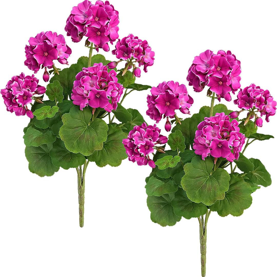 FOREST PRINCE 2 Pack 18" Artificial Geraniums for Outdoors, Red Geraniums Artificial Flowers Realistic Silk Flower for Home Garden Patio Wedding Table Centerpieces Indoor Decor, VioletRed