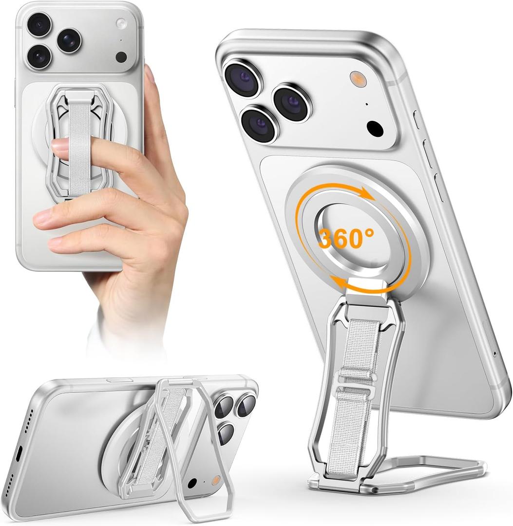 Oerwin for Magsafe Phone Grip Stand, 6-in-1 Magnetic Phone Holder for Magsafe Kickstand, 360 Rotation Phone Ring Holder with Elastic Strap, Compatible with iPhone 17/16/15/14/13/12 Series & Android (Silver)