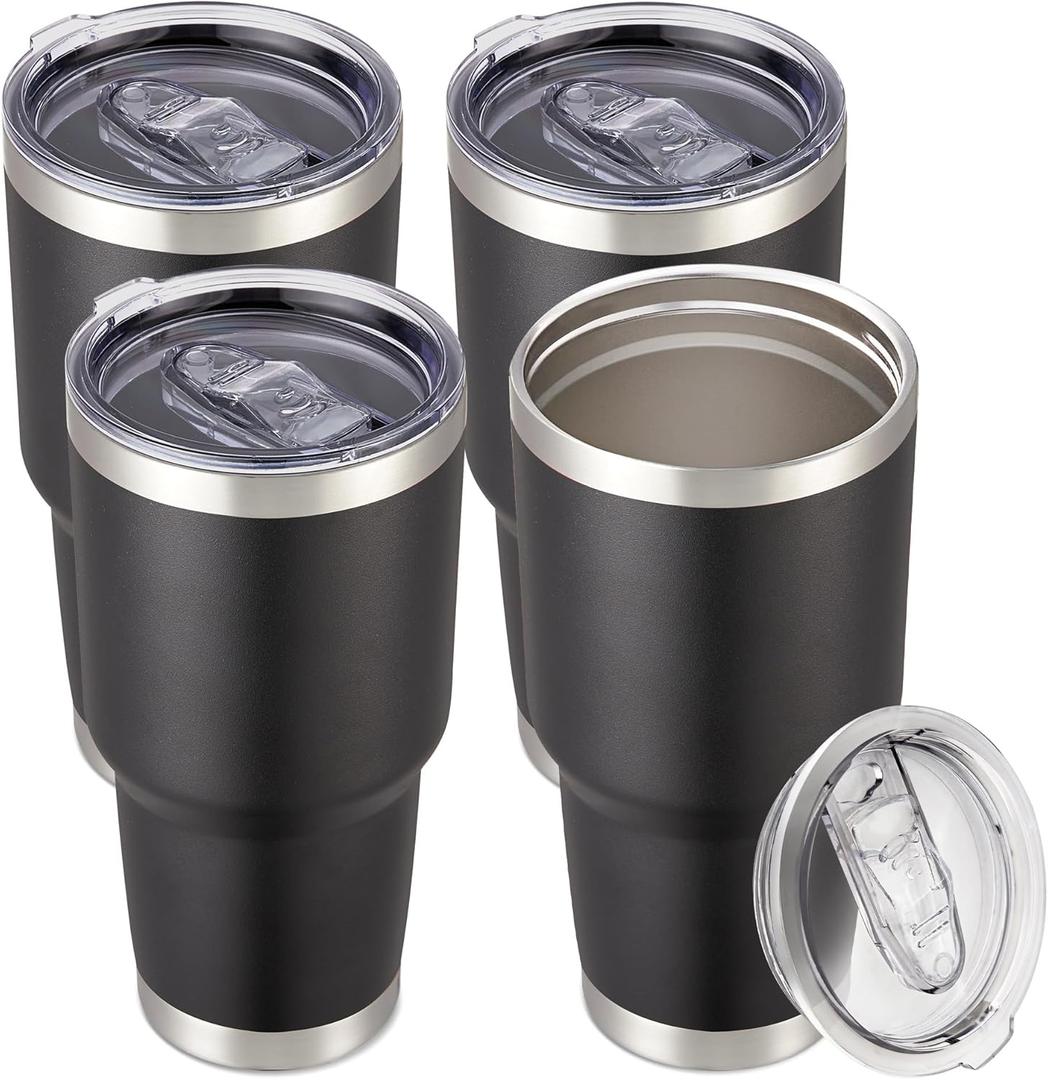 30 oz Tumbler with Lid Stainless Steel Tumblers Bulk Vacuum Insulated Cup Reusable Powder Coated Travel Mug Double Wall Leak Proof Cups Keep Cold Drinks for 12 Hours Black, Set of 4