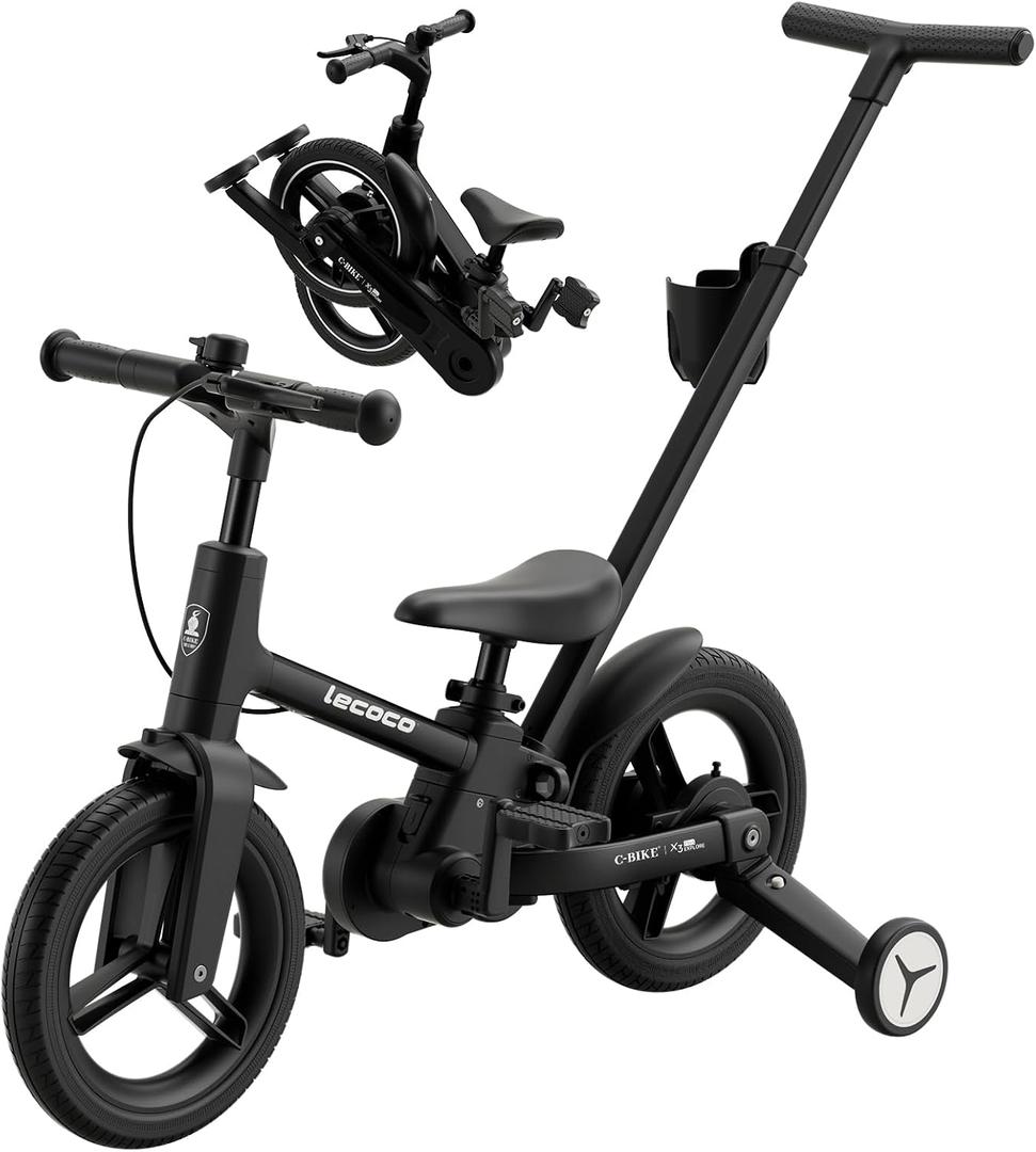 lecoco Upgraded Toddler Bike with Push Handle 6 in 1 for Kids, Balance Bicycle Toys with Training Wheels, Brackes, Cup Holder, Pedal, Kickstand Birthday Gift for Boys and Girls, 12 inch