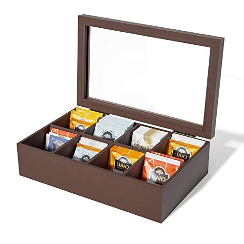 Alsonerbay Wooden Tea Box Tea Bag Holder Kitchen Storage Chest Box for Spice Pouches and Sugar Packets with 8 Compartments and Glass Window Walnut