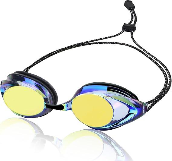 Swim Goggles for Adult Men Women Youth, Bungee Strap Swimming Goggles No Hair Pulling Mirrored/Clear Lens Goggles (02-black)