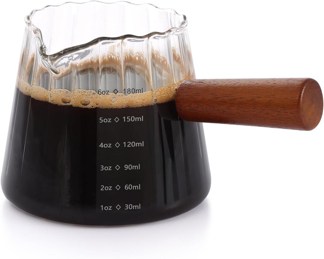 Espresso Cups 6 OZ, V-Shaped Spouts Cups, Espresso Shot Glasses with Wood Handle, Ribbed Milk Measuring Cup