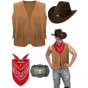 Toulite 4 Pcs Western Outfits for Men Cowboy Tassel Vest Hat Belt Buckle Paisley Bandana for Halloween Cosplay Large