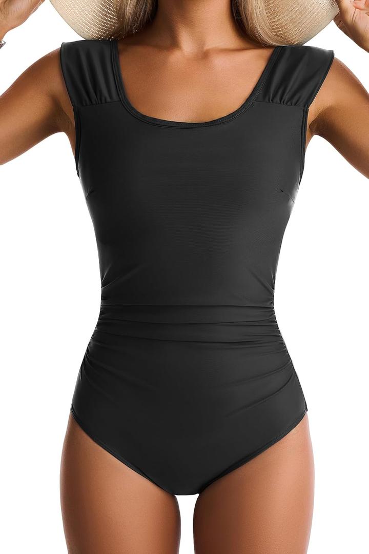 Women One Piece Swimsuit Tummy Control Square Neck Bathing Suit Full Coverage Modest Swimwear (X-Large, Black)