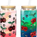 Halloween Cups 2 Pcs, 18 oz Skull Glass Cups with Lids and Straws Ghost Mug Glass Tumbler Mason Jar Iced Coffee Can, Spooky Gifts Boo Basket Stuffers Drinking Glasses Halloween Decorations