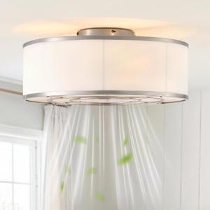 Caged Low Profile Ceiling Fans with Lights, Bladeless Ceiling Fan with lights Remote, Flush Mount Modern Enclosed with 6 Speeds for Bedroom, Kitchen (Nickel), 20 inch