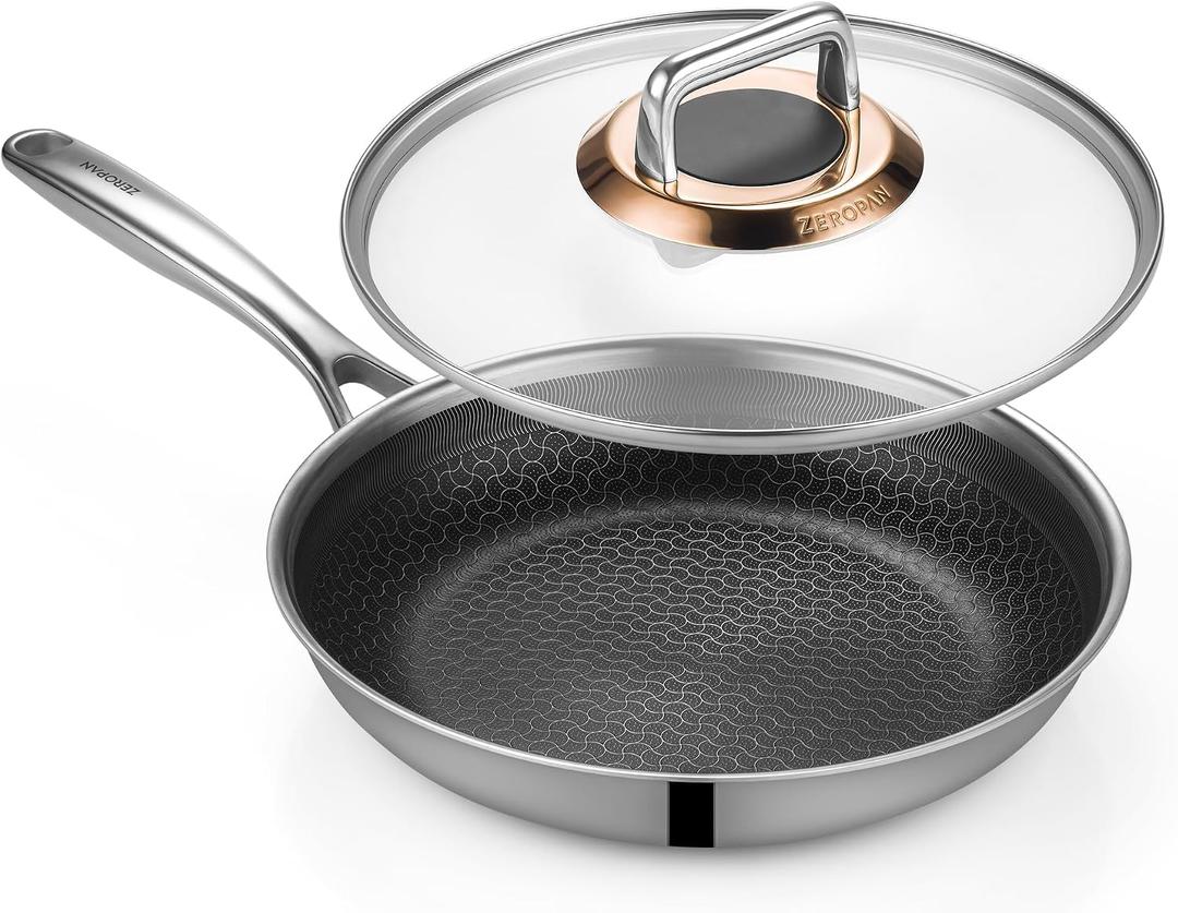 Hybrid Nonstick 12-Inch Frying Pan with Lid,Non stick Frying Pan,PFAS PFOA PTFE Free,Stay-Cool Handle, Dishwasher-Friendly, Oven-Safe Up to 600F, Induction Ready, Compatible with All Cooktops
