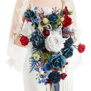Ling's moment Navy Blue Red Bridal Bouquet for Bride, 13 Inch Wedding Bouquets for Bride, Wedding Artificial Flowers Bouquets