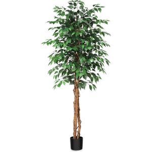 6ft Artificial Ficus Tree with Natural Wood Trunk, Silk Fake Ficus Tree in Plastic Nursery Pot, Faux Plant for Office Home, Indoor Outdoor Decor, 1 Pack