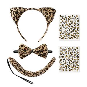 Nuolich Leopard Costume Accessories Cheetah Ears Headband Bow Tie Tail Tattoos Halloween Party Cat Cosplay