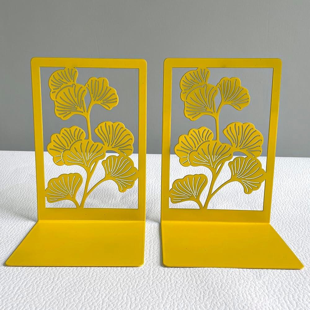 2Pcs Style Ginkgo Leaf Metal Book Ends for Book Lovers - Pair of Bring Luck Bookends Office Desktop Home Office Supplies Rack Bookshelf (B212-Golden Yellow)