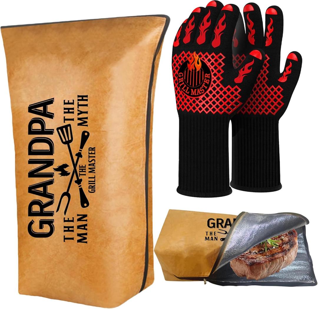 Grandpa Gifts, Gifts for Grandpa Christmas from Grandkids BBQ Blanket for Resting Meat with Grill Gloves, Meat Resting Bag for BBQ Smoking, Grilling Gloves Heat Resistant for Grill on Birthday