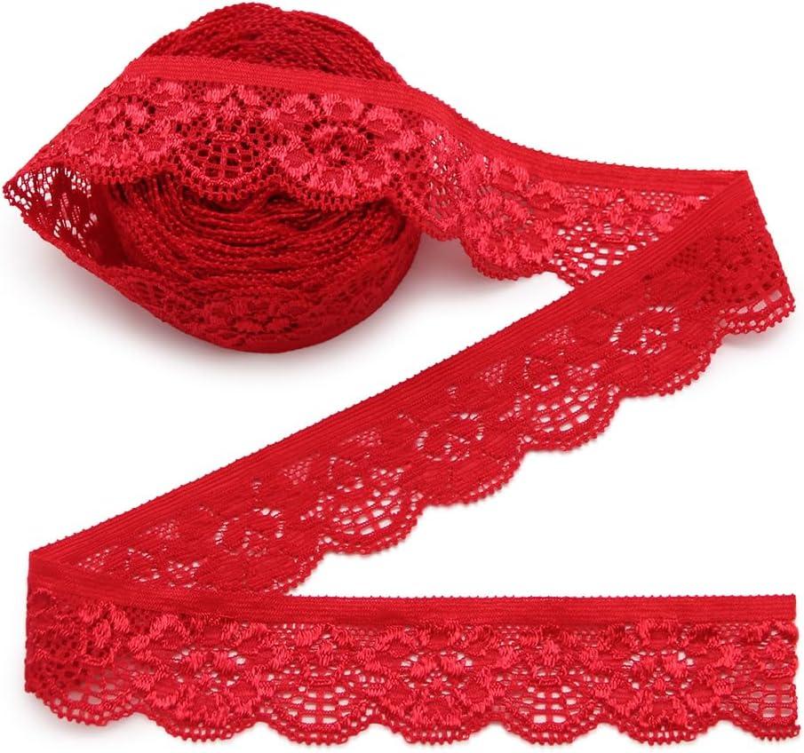 SEMINI 10 Yards 1" Wide Lace Elastic Trim Lace Ribbon Flower Edge Trimming for Sewing Craft Wedding Party Decor Clothes (Red)
