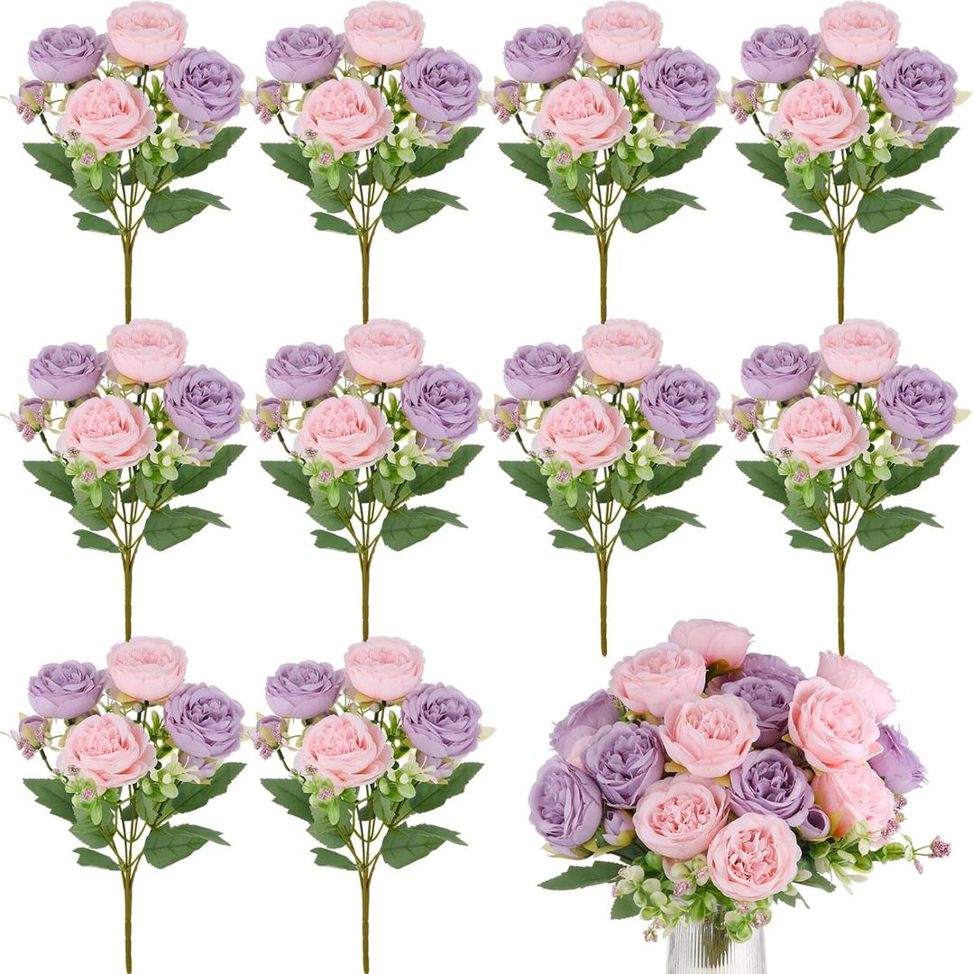 Olgaa 12 Bundles Peonies Artificial Flowers Artificial Peonies Silk Flowers Bulk Fake Peony Bouquet for Bridal Shower Decorations Wedding Table Centerpiece (Pink Purple)