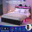 Full Bed Frame with 2 Drawers, Platform Bed Frame with LED Lights and Charging Station, Upholstered Headboard, Heavy Duty Metal Slats, No Box Spring Needed, Noise Free, Easy Assembly