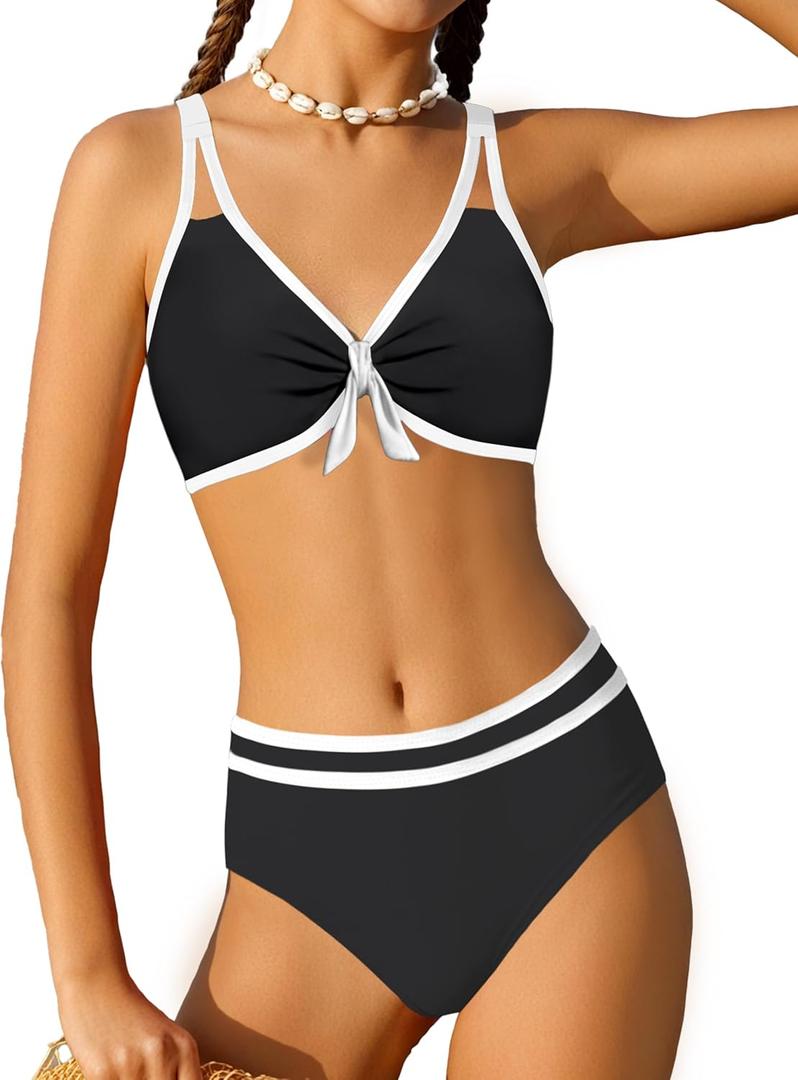 Girls Swimsuit Two Piece Cute Bunny Knot Bikini Set Color Block Welt Twist Cross Girls Bathing Suit 9-16 Years (11-12 Years, Black)