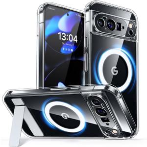 CANSHN Magnetic for Google Pixel 10 Pro XL Case(6.8") with Durable Metal Stand, Upgraded [Full Camera Protection] Transparent Back, Hard Case Cover, Clear