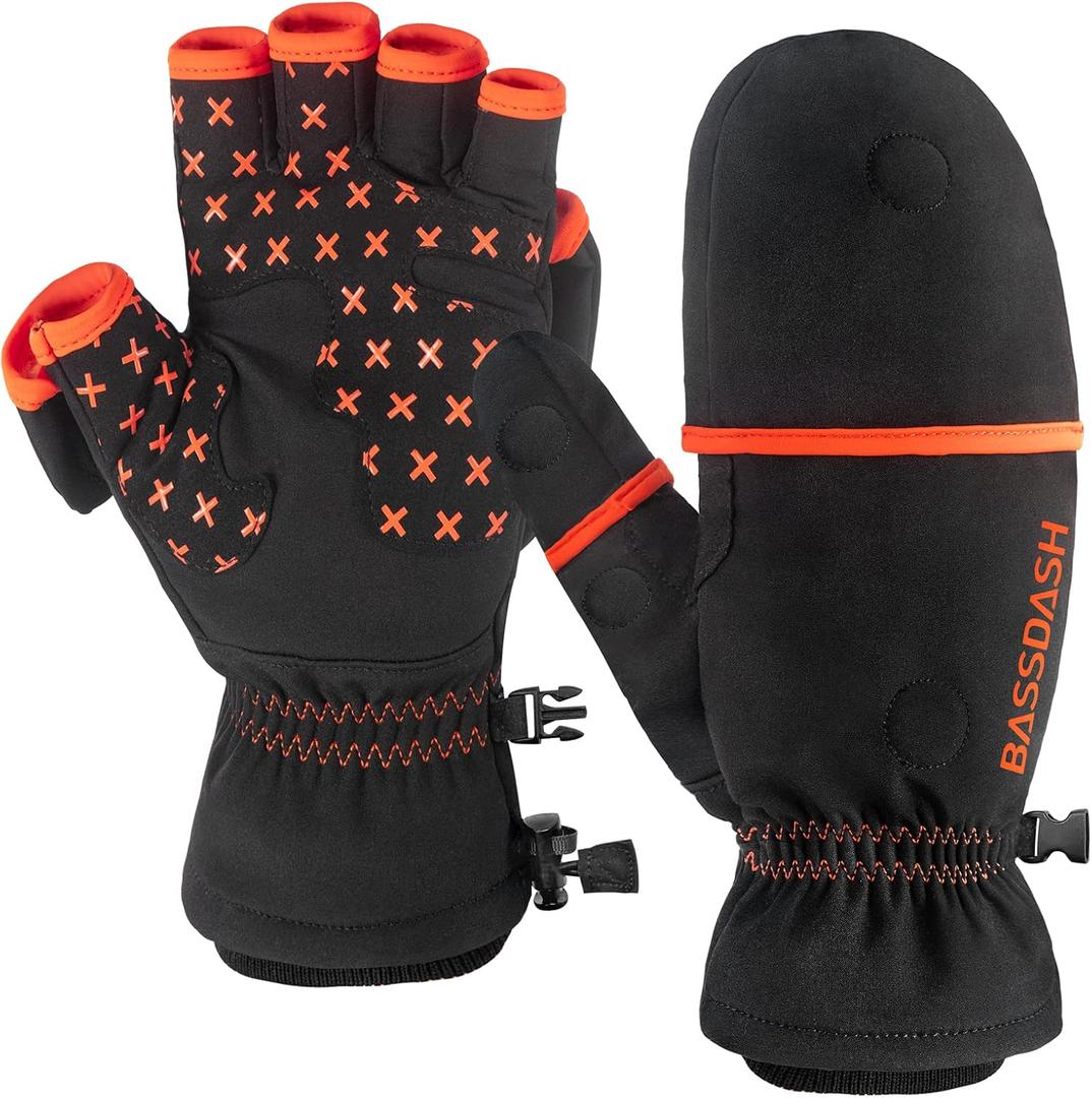 BASSDASH WinteFlex Insulated Ice Fishing Mittens Cold Weather Fingerless Gloves Water Resistant for Men Women Hunting (Large, Black)