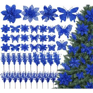 Realspring 64 Pcs Poinsettia Christmas Decorations Artificial Poinsettia Flowers Glitter Berry Picks Butterfly Christmas Tree Ornament Kit with Clips for DIY Floral Wreath Party Xmas Tree Decor(Blue)