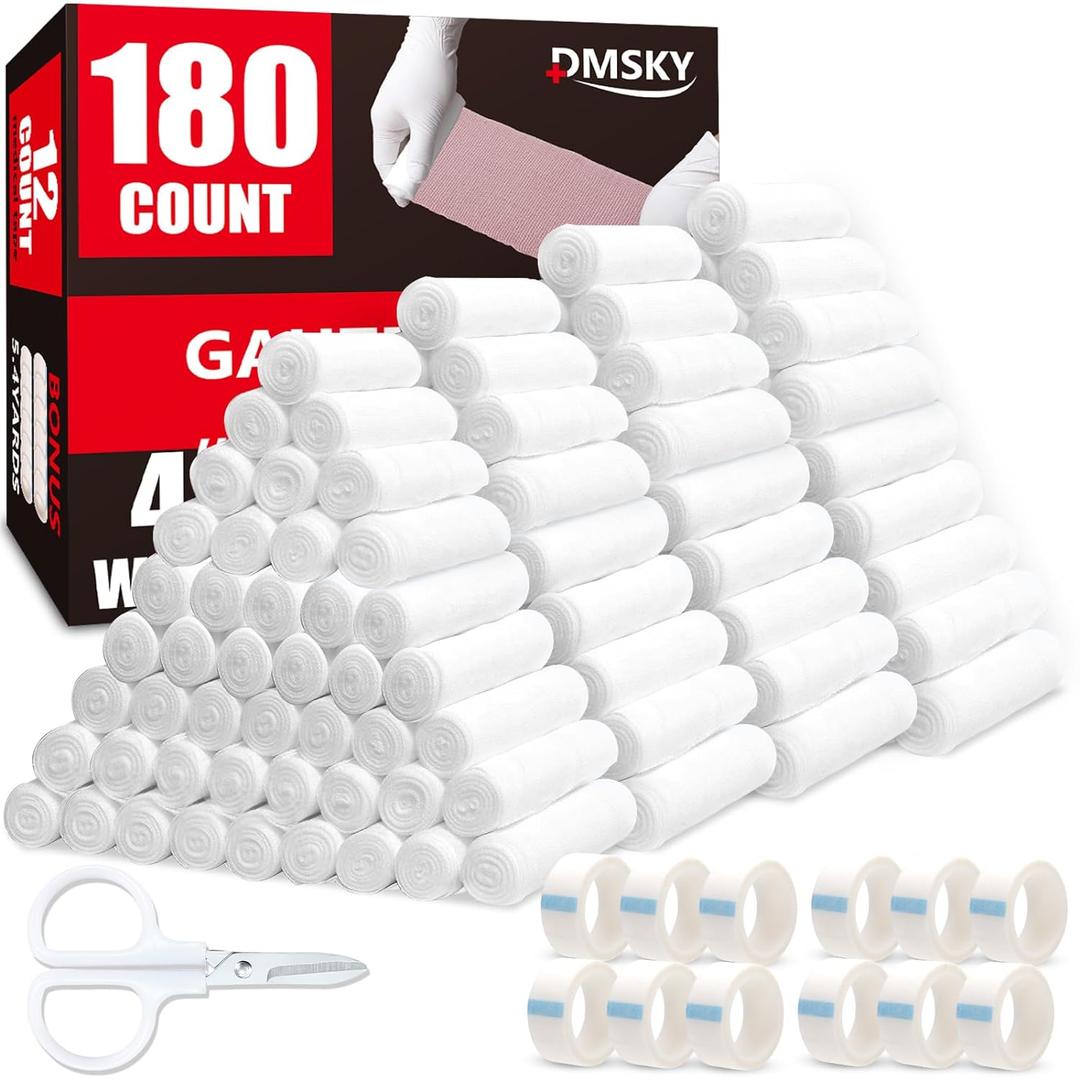 180 Pack Gauze Rolls, 4 in x 4.1 Yards, Individually Wrapped Breathable Rolled Gauze, Premium First Aid Supplies & Medical Supplies for Wounds