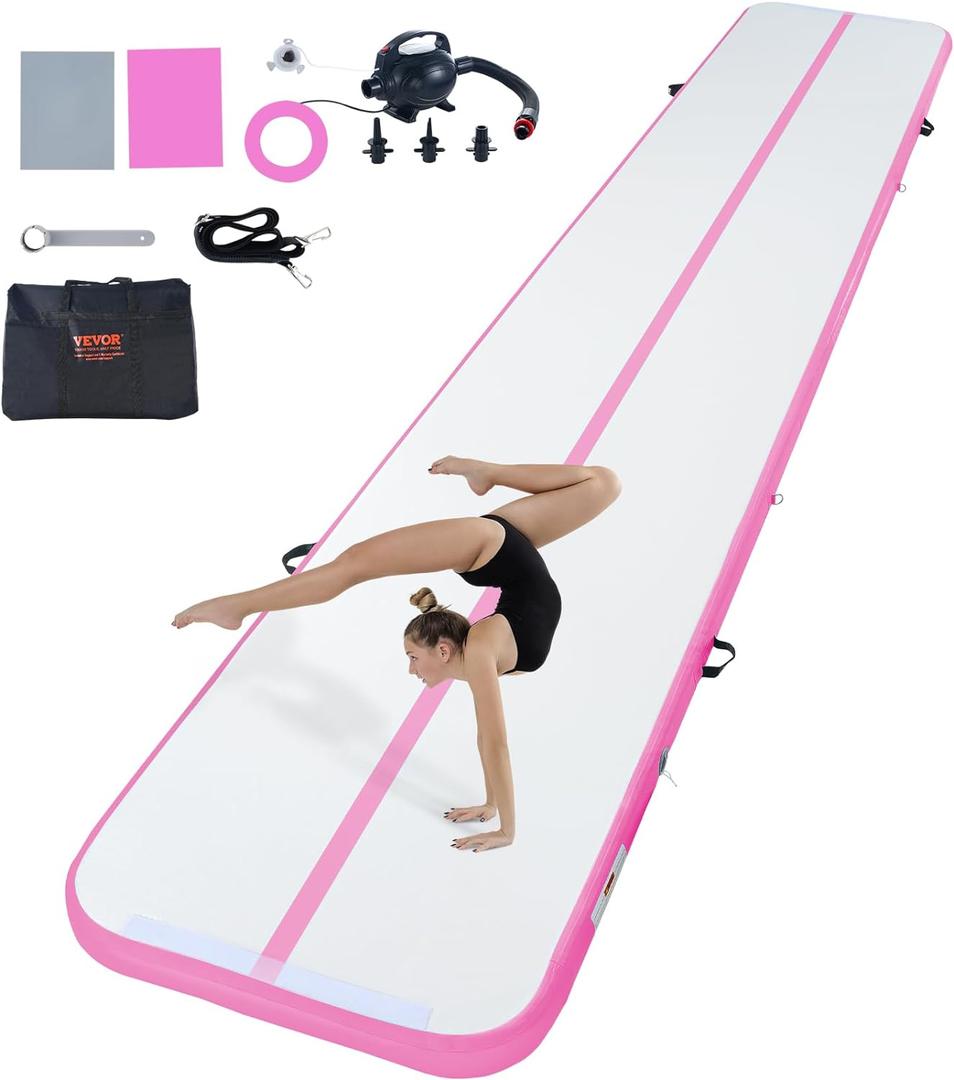 VEVOR Gymnastics Air Mat, Inflatable Track with Electric Pump, Training Mats for Home Use/Gym/Yoga/Cheerleading/Beach/Park/Water (20ft*3.3ft*4in(6*1*0.1m), Pink)