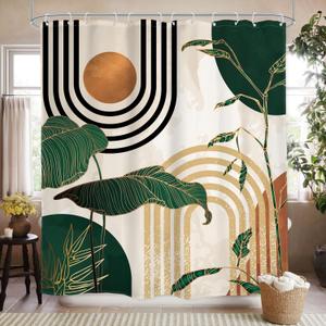 Glawry Extra Long Shower Curtain 72Wx84L Inches Boho Abstract Mid Century Green Tropical Palm Tree Bathroom Minimalist Modern Aesthetic Geometric Bath Accessories Art Home Decor Fabric 12 Pack Hooks (A01-green Gold)