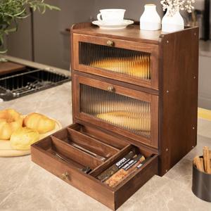 Solid Wood Bread Box for Kitchen Countertop with Drawer, 2-Tier Large Wooden Bread Storage Bin with Cutlery Organizer, Farmhouse Bread Keeper for Homemade Bread, Brown (50 Deli Papers)
