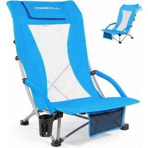 Low Beach Chairs for Adults with High Back, Support 400LBS | Portable Beach Chair with 3-Position Adjustable Upper Backrest, Neck Support & Cup Holder for Beach, Caming, Ocean Blue