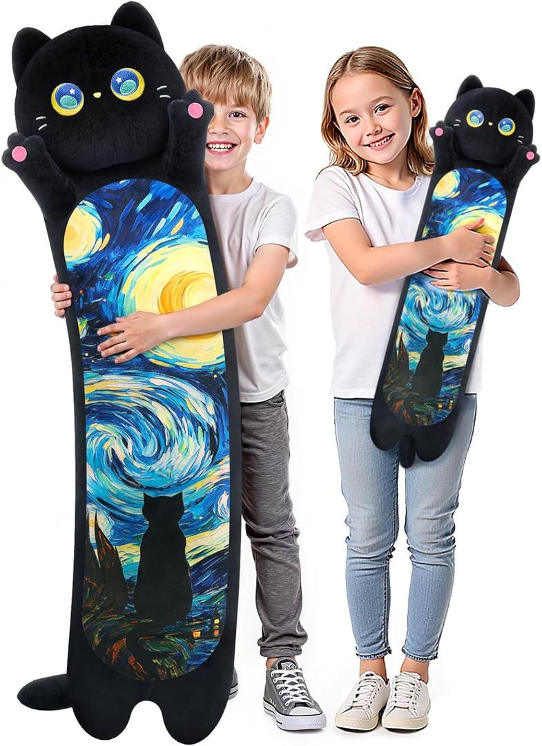 Mewaii Long Cat Plush 5 Sizes, 120% Extra Filling Giant Plushness Kids Body Pillow, Kawaii Cute Black Starry Cat Stuffed Animals Plushies, Big Long Body Pillow Plush Gift for Girls 53