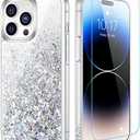 Caka Glitter Case for iPhone 14 Pro Max for Women Girls, Bling Sparkle Liquid Phone Cover with Screen Protector, Sparkly Girly Flowing Floating Moving Quicksand Accessories - Silver