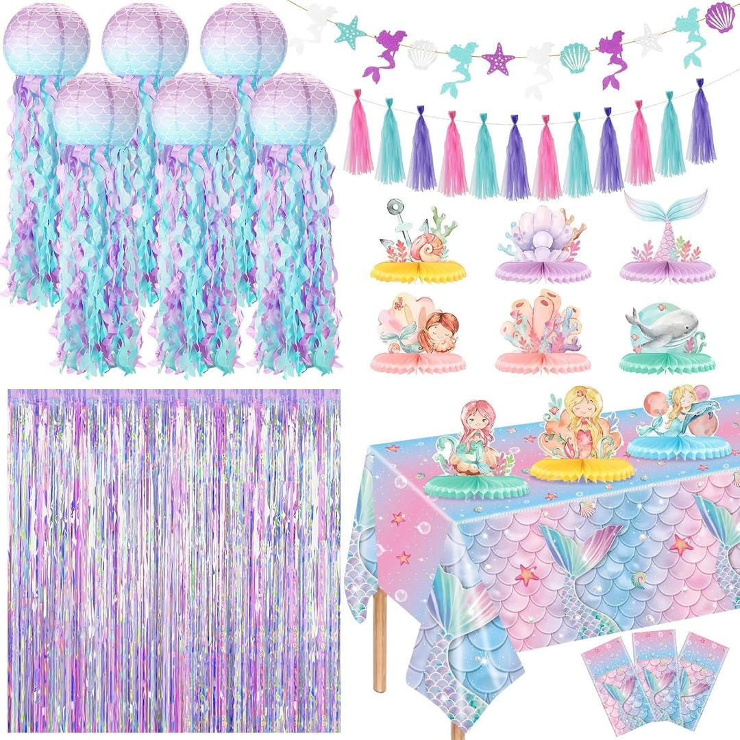 14 Pcs Mermaid Party Decorations, Under The Sea Birthday Party Supplies Kit with Jellyfish Lanterns, Fringe Curtains, Tablecloths & Centerpieces for Baby Shower, Ocean Theme Decor