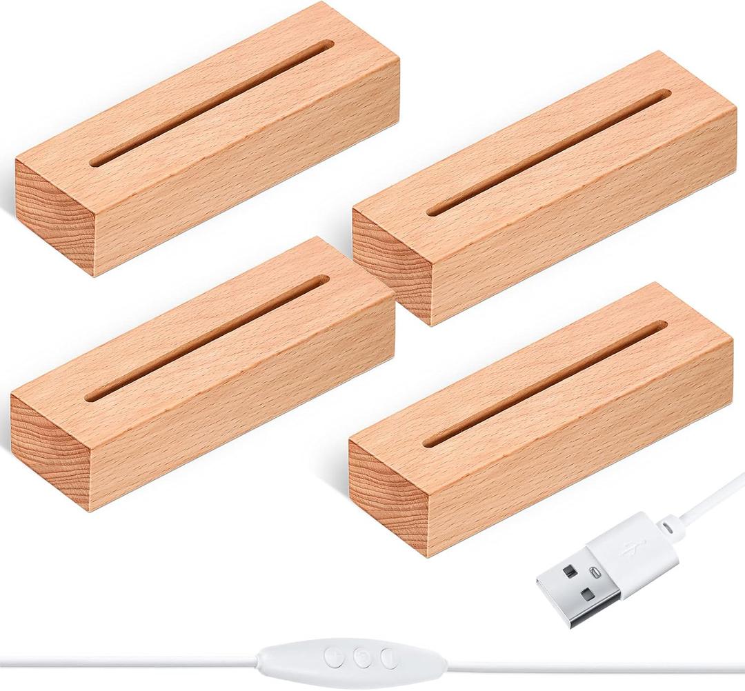 Riakrum 5.9 Inch Wooden Rectangle Light Base, Wood LED Display Base Pedestal Dimmable Colorful Light Lamp Stand with USB Cable for Acrylic, Crystal, Night Light, Glass Resin Art (4 Pieces)