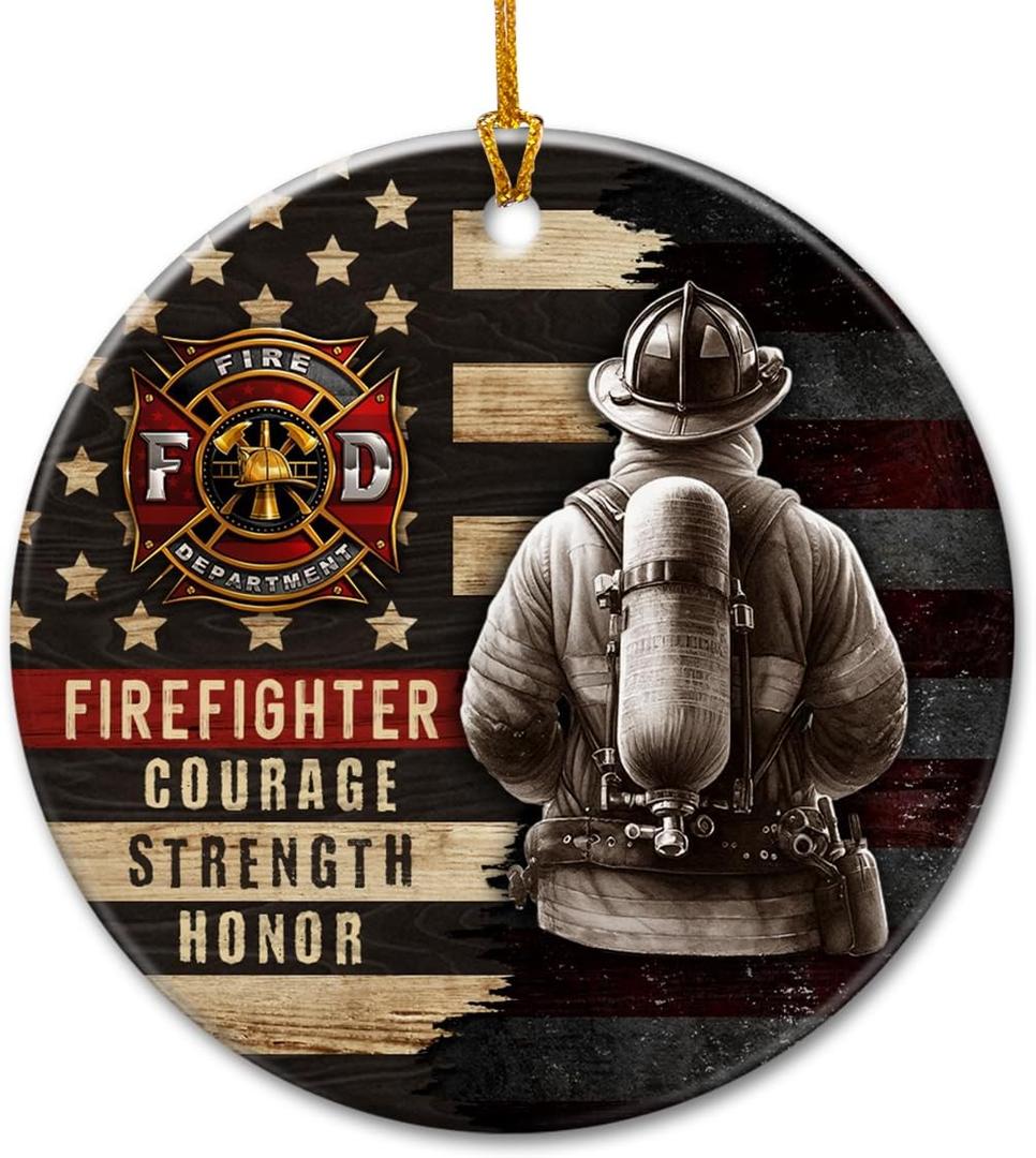 2 x Firefighter Christmas Ornament - Double-Sided Ceramic Fireman Ornaments for Tree Decor - Firefighter Gifts for Men Women, Retirement Fireman Gifts for Fire Department, First Responders