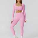 ABOCIW Workout Sets for Women 2 Piece Seamless Backless Long Sleeve Crop Top High Waisted Leggings Gym Sets (Small, Pink)