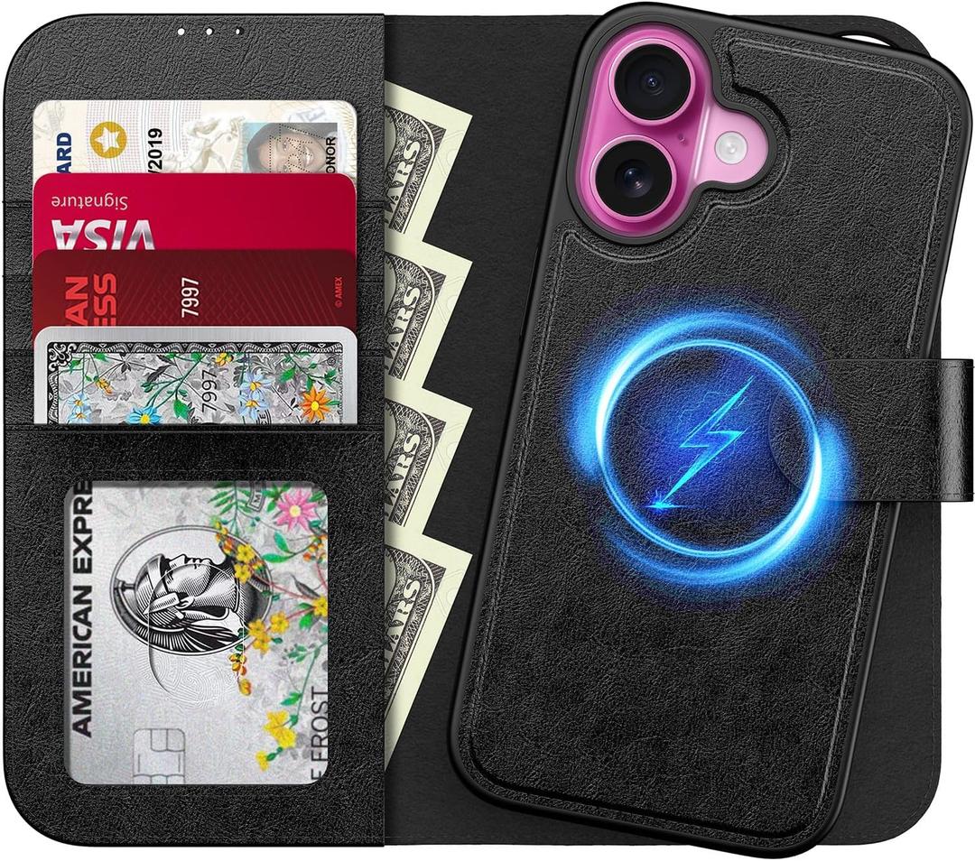 LUHOURI for iPhone 16 Plus Case Wallet - Wireless Charging Compatible Black | RFID Blocking 4 Card Slots Holder - Detachable Flip Folio Leather Cover - Protective Phone Case for Women Men