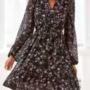 PRETTYGARDEN Women's Fall Boho Dresses 2026 Floral Long Sleeve V Neck Mini Flowy Wedding Guest Dress Trendy Vacation Outfits (XXL)