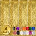 Voircoloria 4 Pack Gold Foil Fringe Backdrop Curtains, Tinsel Streamers Birthday Party Decorations, Fringe Backdrop for Graduation, Baby Shower, Gender Reveal, Disco Party