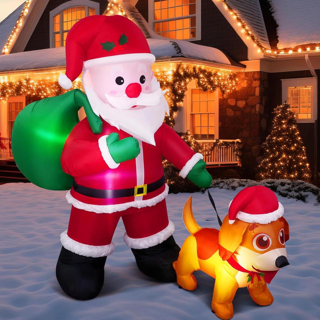 Leyndo 6 FT Christmas Inflatable Santa Claus Outdoor with a Gift Bag and a Dog Blow Up Decoration with LED Lights Cute Xmas for Holiday Party Yard Garden Lawn Decor