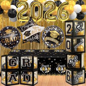 Black and Gold Graduation Decorations Class of 2026 - Graduation Balloon Boxes, Balloon Arch Garland Kit, Fringe Curtains, Party Decorations 2026 for Any Grades
