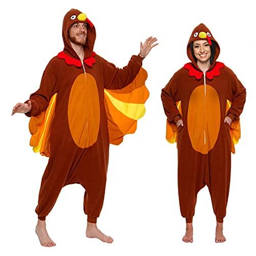 Funziez! Adult Onesie Halloween Costume - Animal Dinosaur Shark - Unisex Plush 5 Piece Cosplay Suit, Men and Women (Medium, Brown, Yellow & Orange)