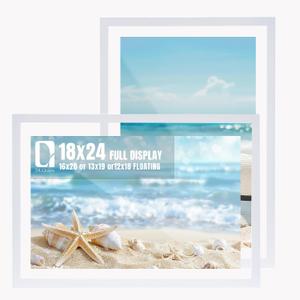 DLQuarts 18x24 Floating Picture Frame for 16x20/13x19/12x18/11x14 Photos, 2-Pack Solid Wood Double Plexiglass Wall Art Frames, Any Size Photo up to 18x24 Display, Soft White
