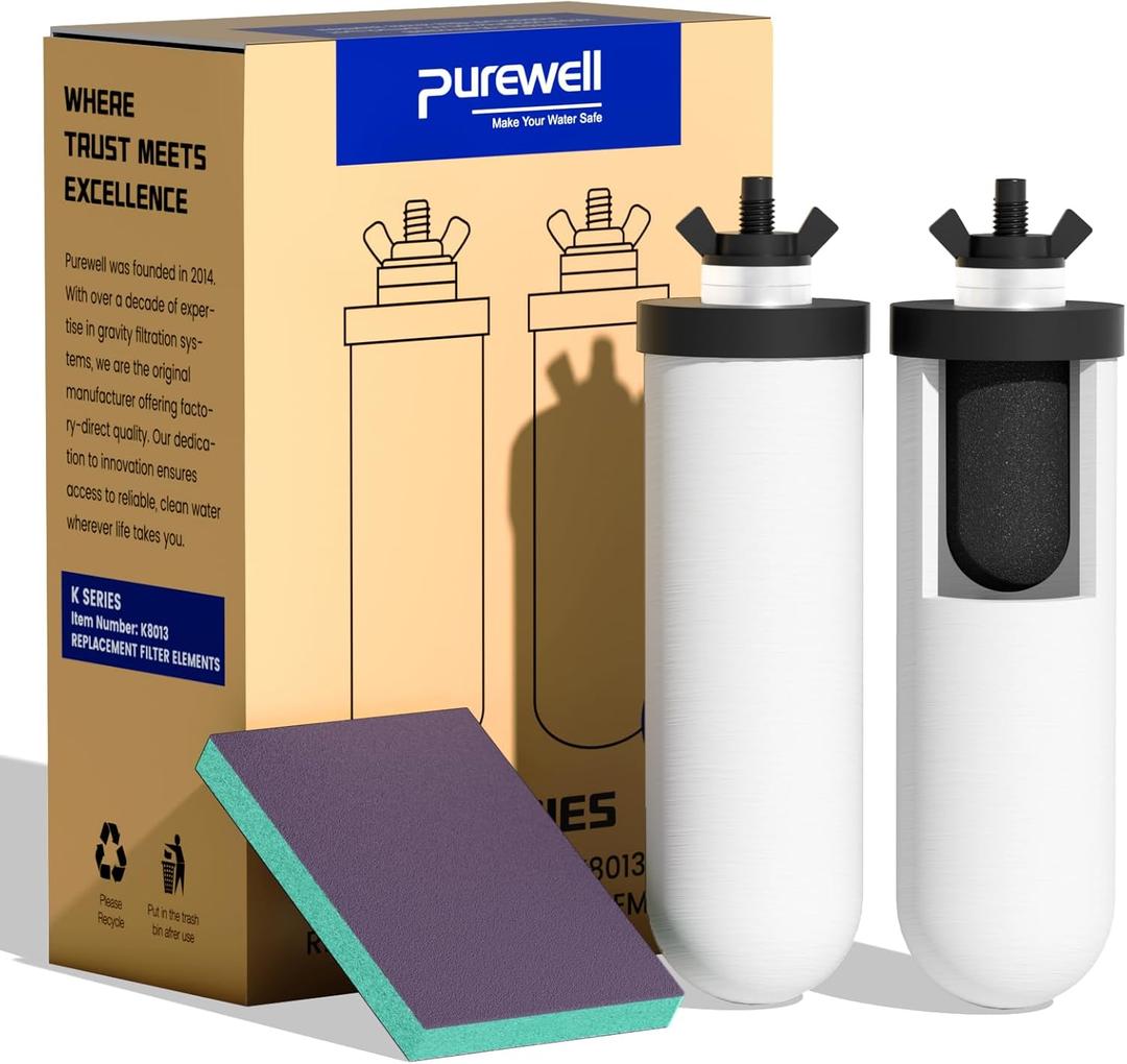 Purewell PF-4 Ceramic 3-Stage Purification Elements, Washable & Reusable, NSF/ANSI 42&372 Certified, Replacement for ProOne, Berkey, Purewell Filters and Water Filter Systems (2 Pack, K Series)