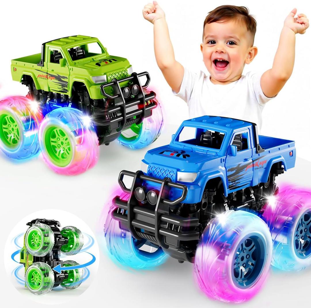 Monster Trucks Toys for Toddlers Boys: Light-up Wheels for Kids Age 2-4 Years Old,Toy Car for Kid Ages 3-5,Boy Cars to 3-6,Toy Truck for Toddler 1-3,Jam Birthday Gift for Children 1-3 (Blue and Green)