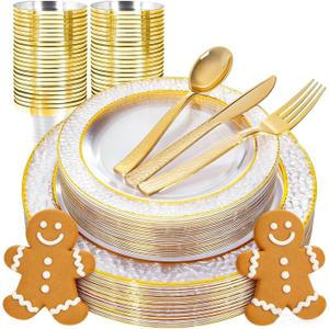Ciaell 150PCS Clear Gold Plastic Plates - Disposable Gold Rim Plates include 25Dinner Plate, 25Dessert Plate, 25Forks, 25Knives, 25Spoons, 25Cups for Wedding & Party & Christmas & New Year