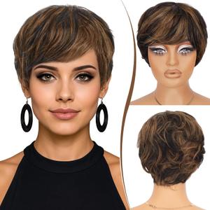 RUWISS Pixie Cut Human Hair Wig Short Wigs for Black Women with Bangs, Natural Layered Wavy Wig, Glueless, 1B/30#