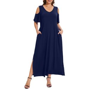 Plus Size Dresses for Women Summer V Neck Cold Shoulder Short Sleeve Split Long Beach Dresses with Pockets 2XL